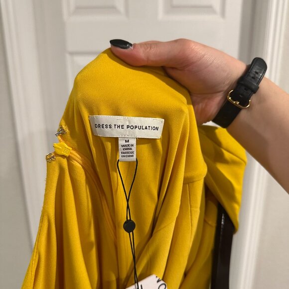 Dress the Population Yellow Long Sleeve Knee Length High Neck Bodycon Dress - Picture 2 of 4